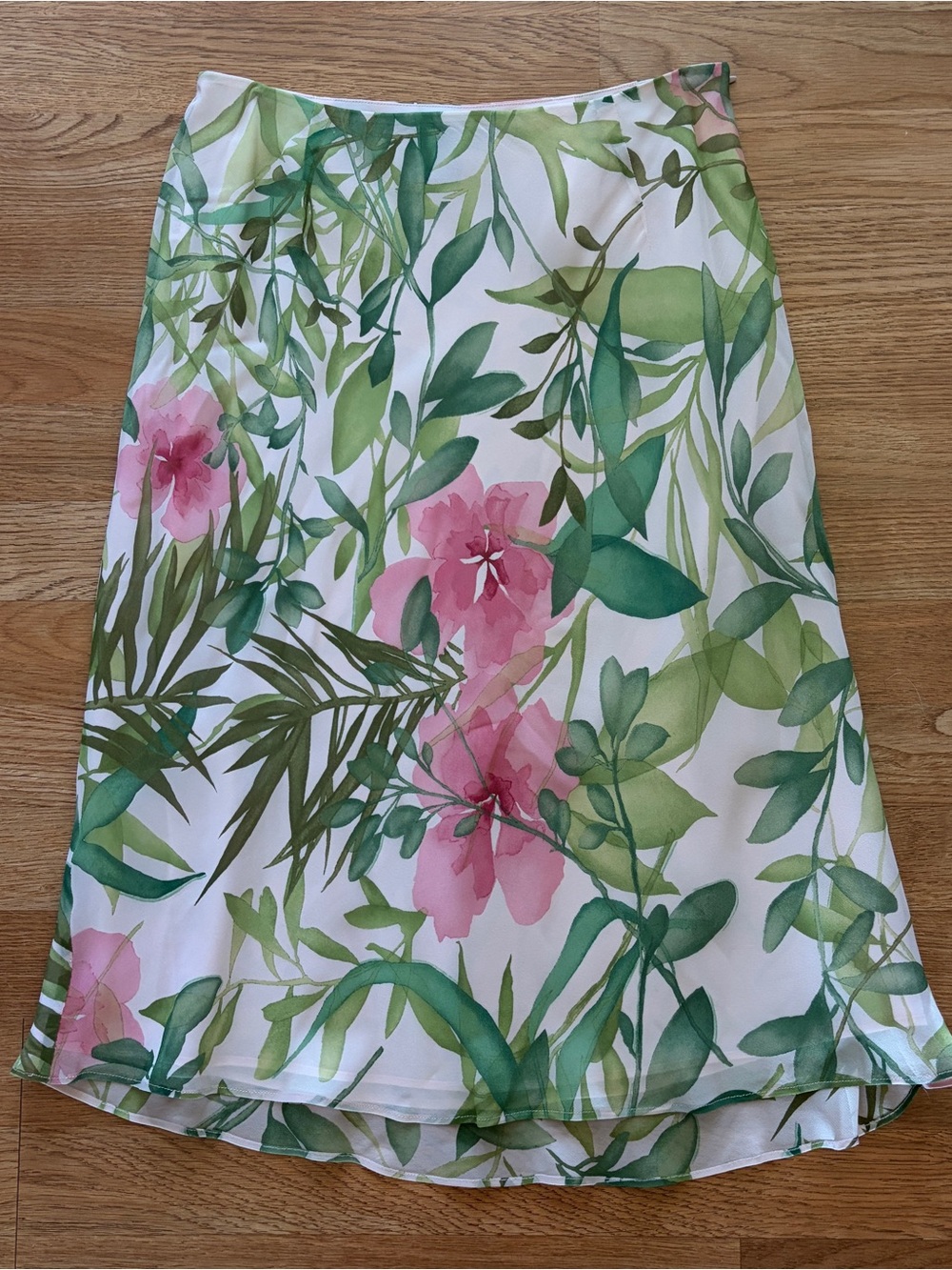 Floral silk Green & Pink Tropical Print A-Line Skirt